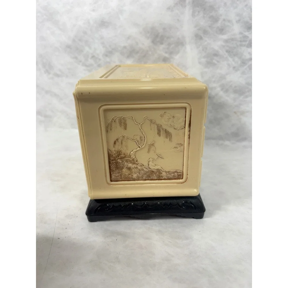 Vintage Chinoiserie Plastic Jewelry Box 3 Drawer Mini Chest Pagoda Cream Black
